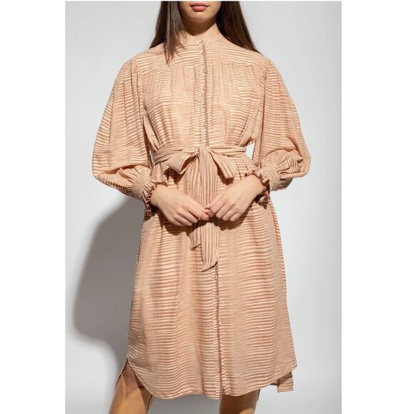 Ulla Johnson Dresses & Skirts - ULLA JOHNSON FIORA long sleeve tie STRIPED fawn tan shirt dress  Size 2